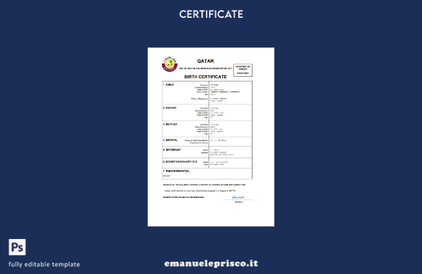 certificato di nascita dello stato di stato civile del Qatar in stile verificato